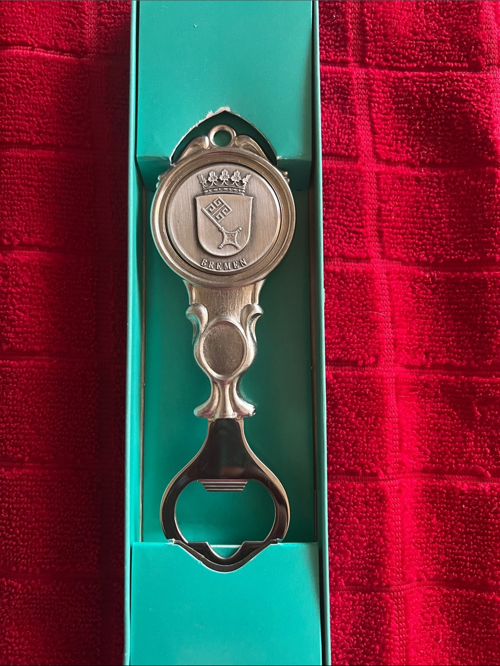 Vintage pewter bottle opener keychain made by Zinn-Becker